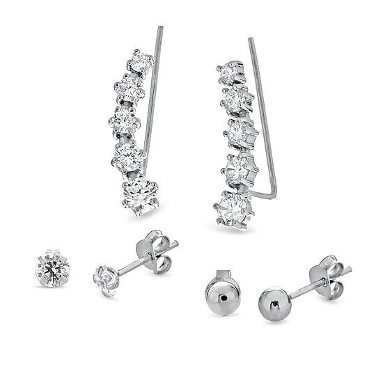 Womens Cubic Zirconia Sterling Silver Ball 3 Pair Earring Set