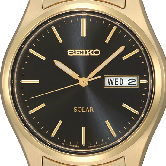 Seiko® Mens Black Dial Gold-Tone Stainless Steel Solar Watch SNE044