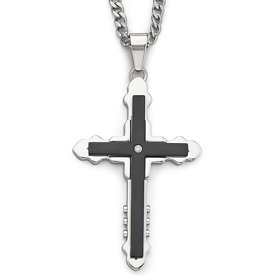 Mens Diamond-Accent Cross Pendant Necklace Stainless Steel