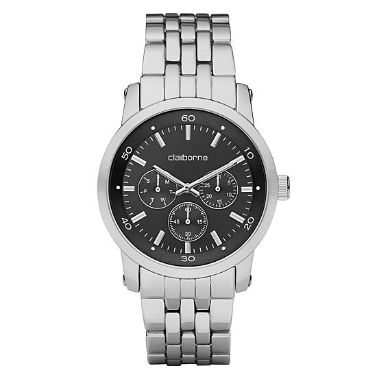 Claiborne Mens Black & Silver-Tone Multifunction Watch
