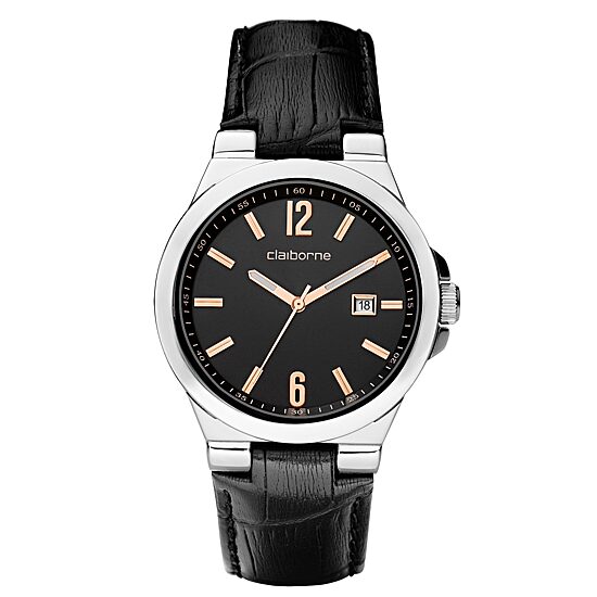 Claiborne Mens Black Leather Strap Watch