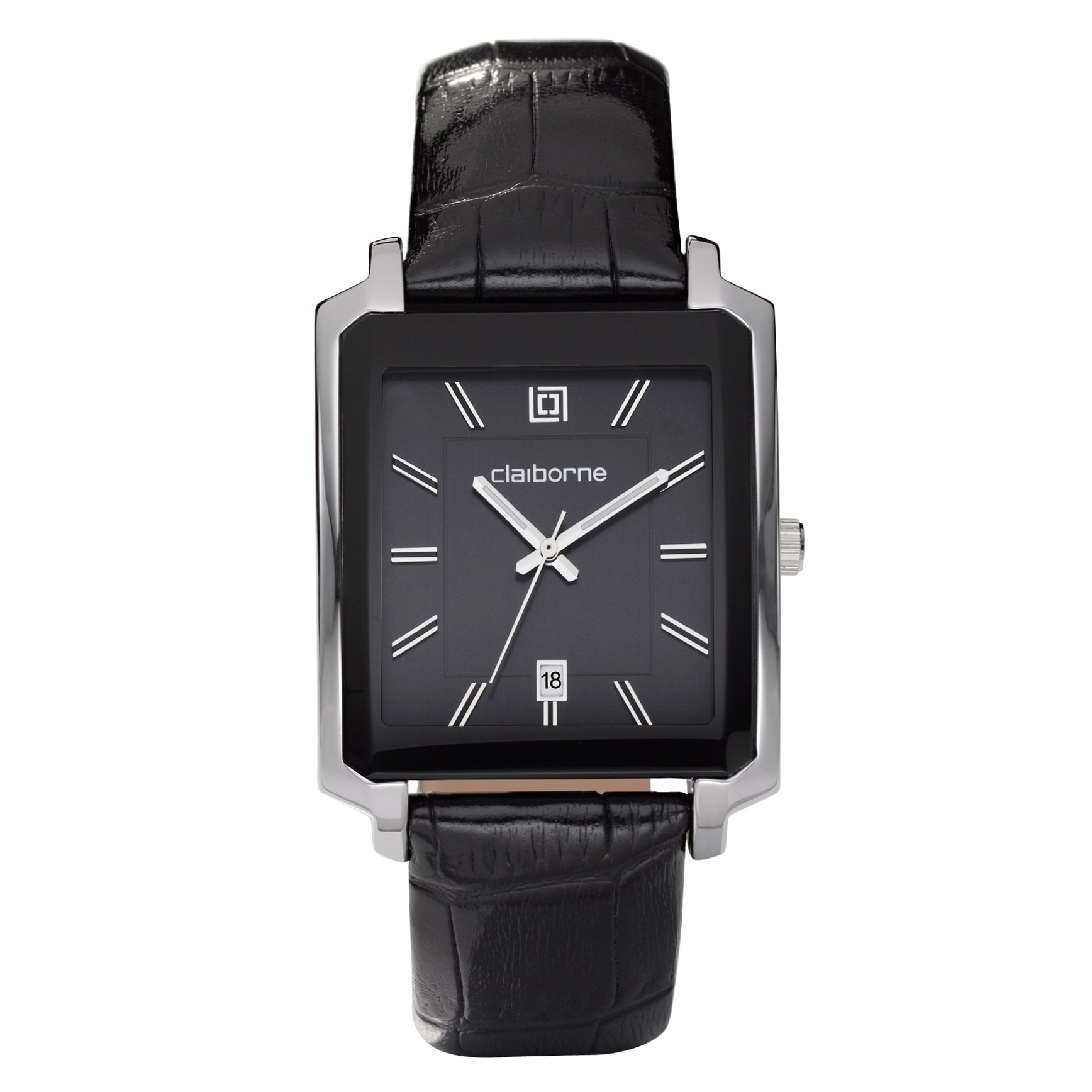 Claiborne Mens Black Leather Strap Rectangle Watch