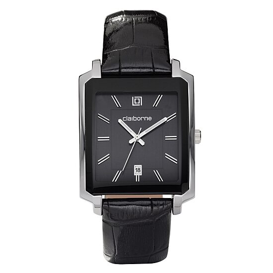 Claiborne Mens Black Leather Strap Rectangle Watch