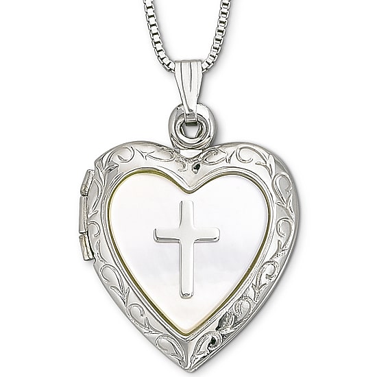 Mother-of-Pearl Heart & Cross Locket Pendant Necklace
