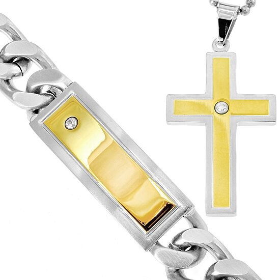 Stainless Steel & Cubic Zirconia Cross Pendant Necklace & Bracelet Set