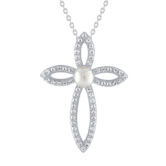 Womens White Cultured Freshwater Pearl Sterling Silver Cross 18 Inch Pendant Necklace