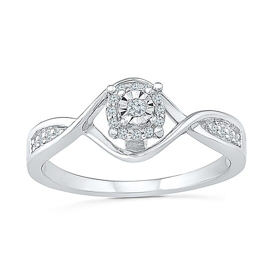 Promise My Love Womens 1/10 CT. T.W. Natural White Diamond Sterling Silver Round Side Stone Halo Promise Ring