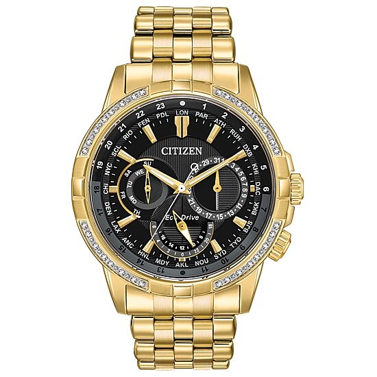 Citizen Calendrier Mens Diamond Accent Gold Tone Stainless Steel Bracelet Watch Bu2082-56e