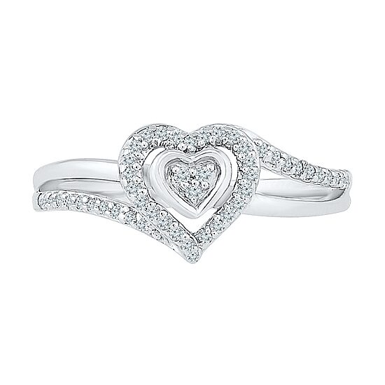 Promise My Love Womens 1/6 CT. T.W. Natural White Diamond Sterling Silver Heart Side Stone Halo Promise Ring