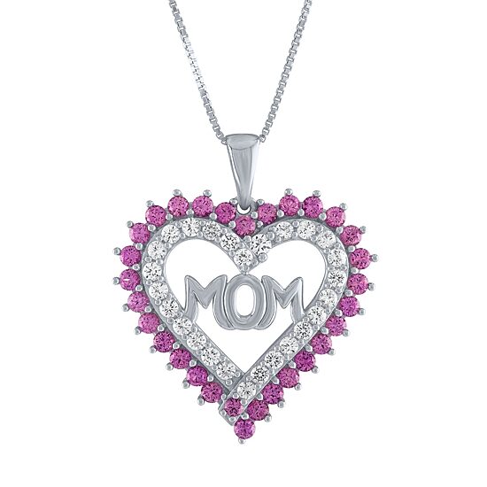 "Mom" Pink & White Lab-Created Sapphire Sterling Silver Heart Pendant Necklace