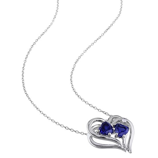 Womens Diamond Accent Lab Created Blue Sapphire Sterling Silver Heart 18 Inch Pendant Necklace