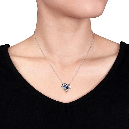 Womens Diamond Accent Lab Created Blue Sapphire Sterling Silver Heart 18 Inch Pendant Necklace