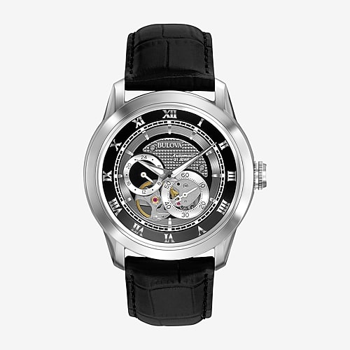 Bulova Mens Black Leather Automatic SkeletonDial Watch One Size