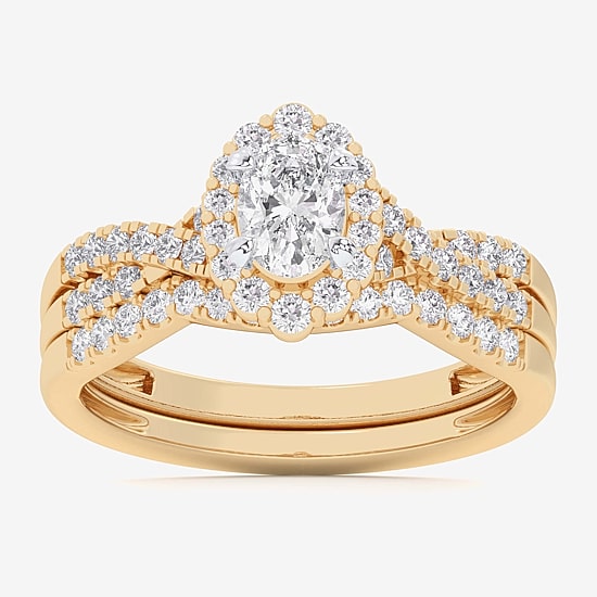 Signature By Modern Bride (G-H / Si1-Si2) Womens 7/8 CT. T.W. Lab Grown White Diamond 10K Gold Oval Side Stone Halo Bridal Set