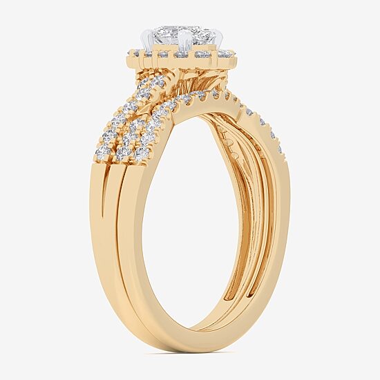 Signature By Modern Bride (G-H / Si1-Si2) Womens 7/8 CT. T.W. Lab Grown White Diamond 10K Gold Oval Side Stone Halo Bridal Set