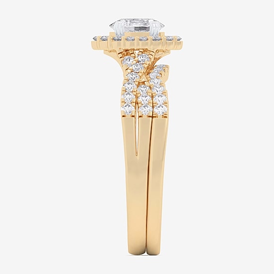 Signature By Modern Bride (G-H / Si1-Si2) Womens 7/8 CT. T.W. Lab Grown White Diamond 10K Gold Oval Side Stone Halo Bridal Set