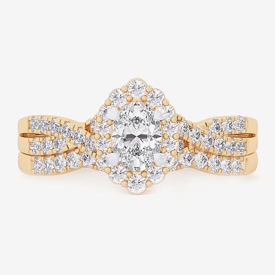 Signature By Modern Bride (G-H / Si1-Si2) Womens 7/8 CT. T.W. Lab Grown White Diamond 10K Gold Oval Side Stone Halo Bridal Set
