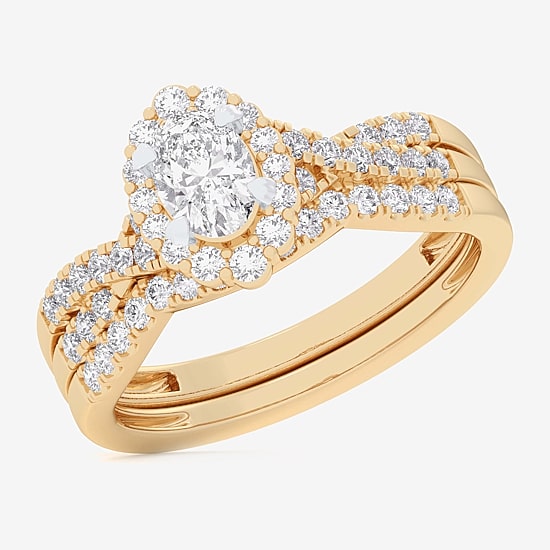 Signature By Modern Bride (G-H / Si1-Si2) Womens 7/8 CT. T.W. Lab Grown White Diamond 10K Gold Oval Side Stone Halo Bridal Set
