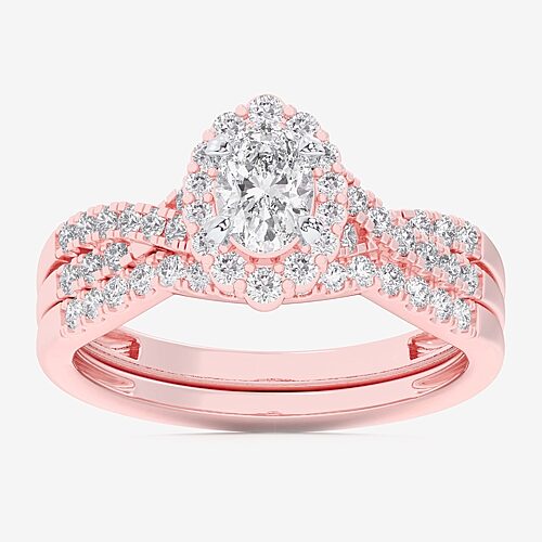 Signature By Modern Bride (G-H / Si1-Si2) Womens 7/8 CT. T.W. Lab Grown White Diamond 10K Gold Oval Side Stone Halo Bridal Set, 9, Rose