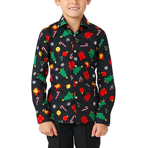Opposuits Christmas Little Boys Spread Collar Long Sleeve Dress Shirt, 6, Black