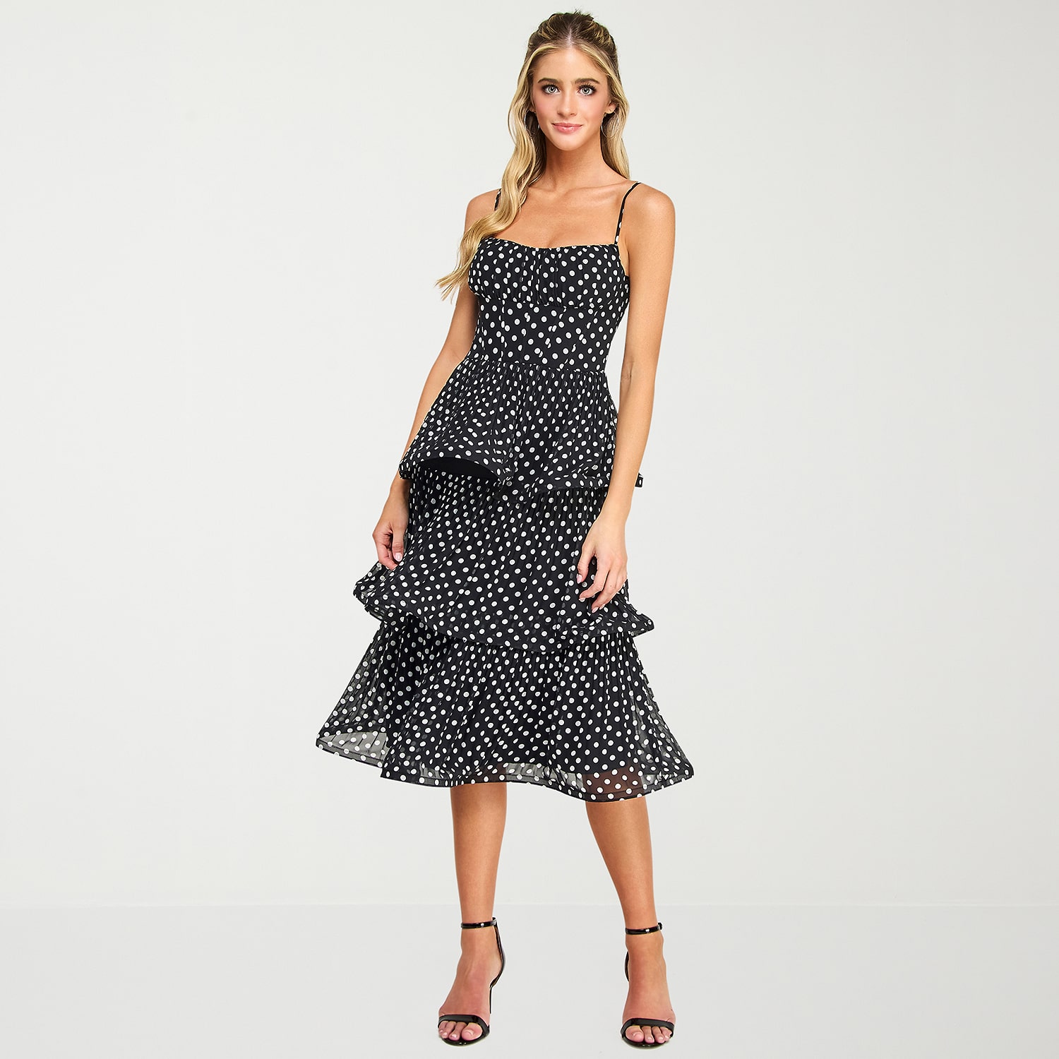 Premier Amour Womens Midi Square Neck Sleeveless Spaghetti Straps Polka Dot Fit + Flare Dress