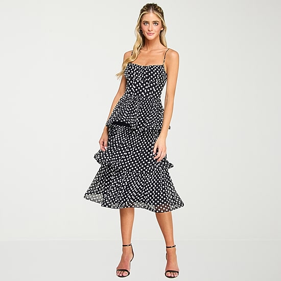 Premier Amour Womens Midi Square Neck Sleeveless Spaghetti Straps Polka Dot Fit + Flare Dress