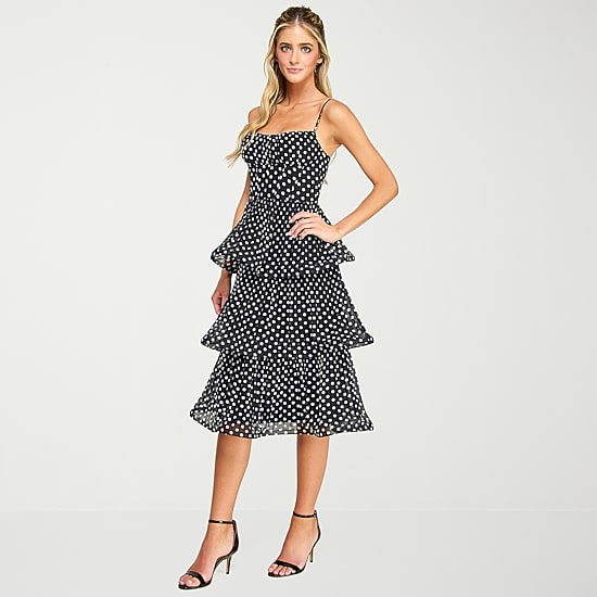 Premier Amour Womens Midi Square Neck Sleeveless Spaghetti Straps Polka Dot Fit + Flare Dress