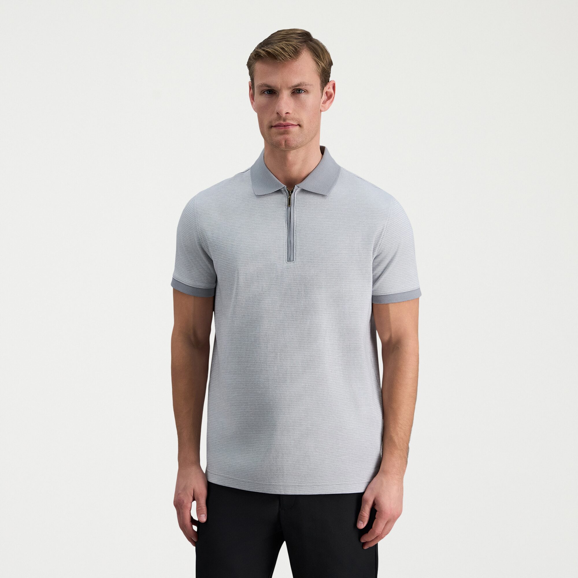 Haggar Rib Knit Zip Front Mens Regular Fit Short Sleeve Polo Shirt