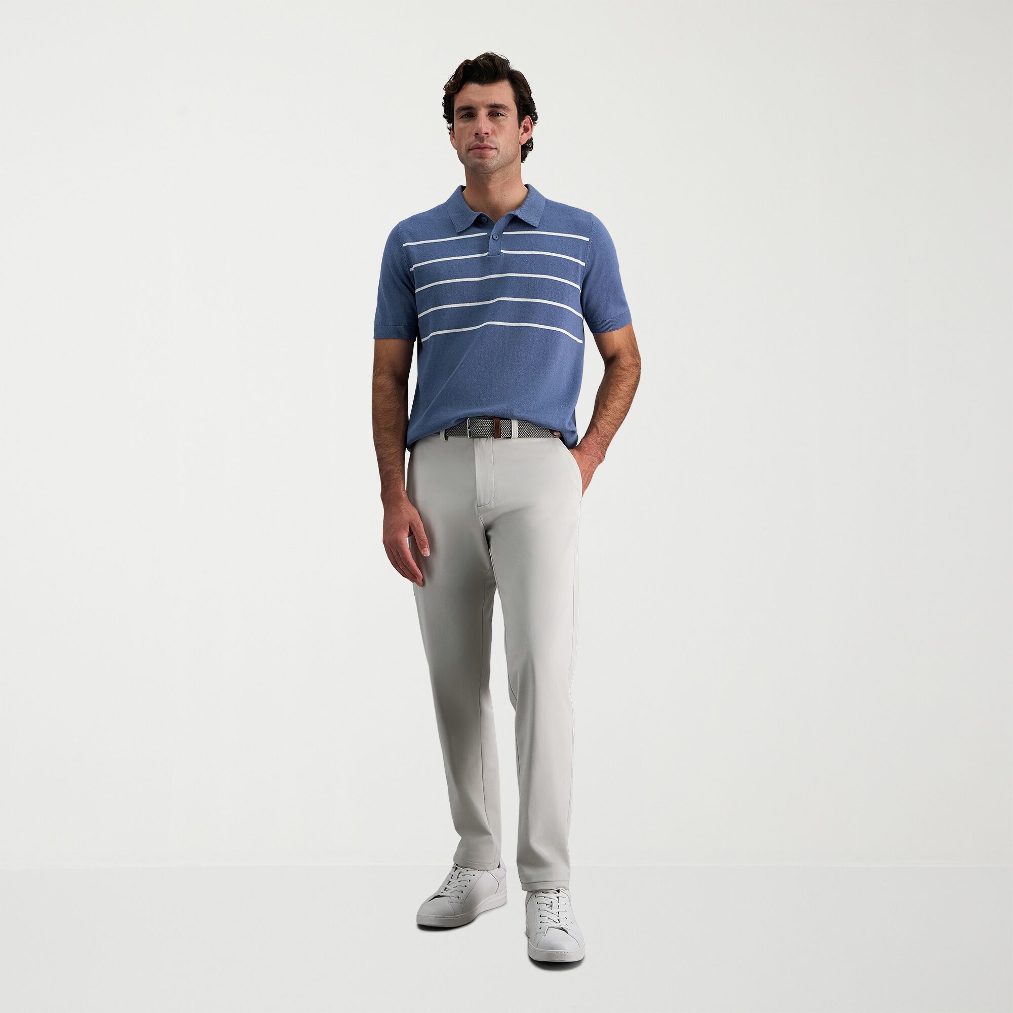 Haggar Linen Blend Retro Stripe Mens Short Sleeve Button Polo Sweater