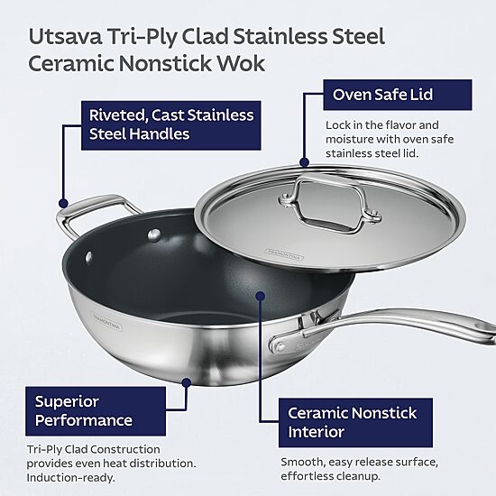 Tramontina Utsava Stainless Steel 3.75-qt. Covered Wok