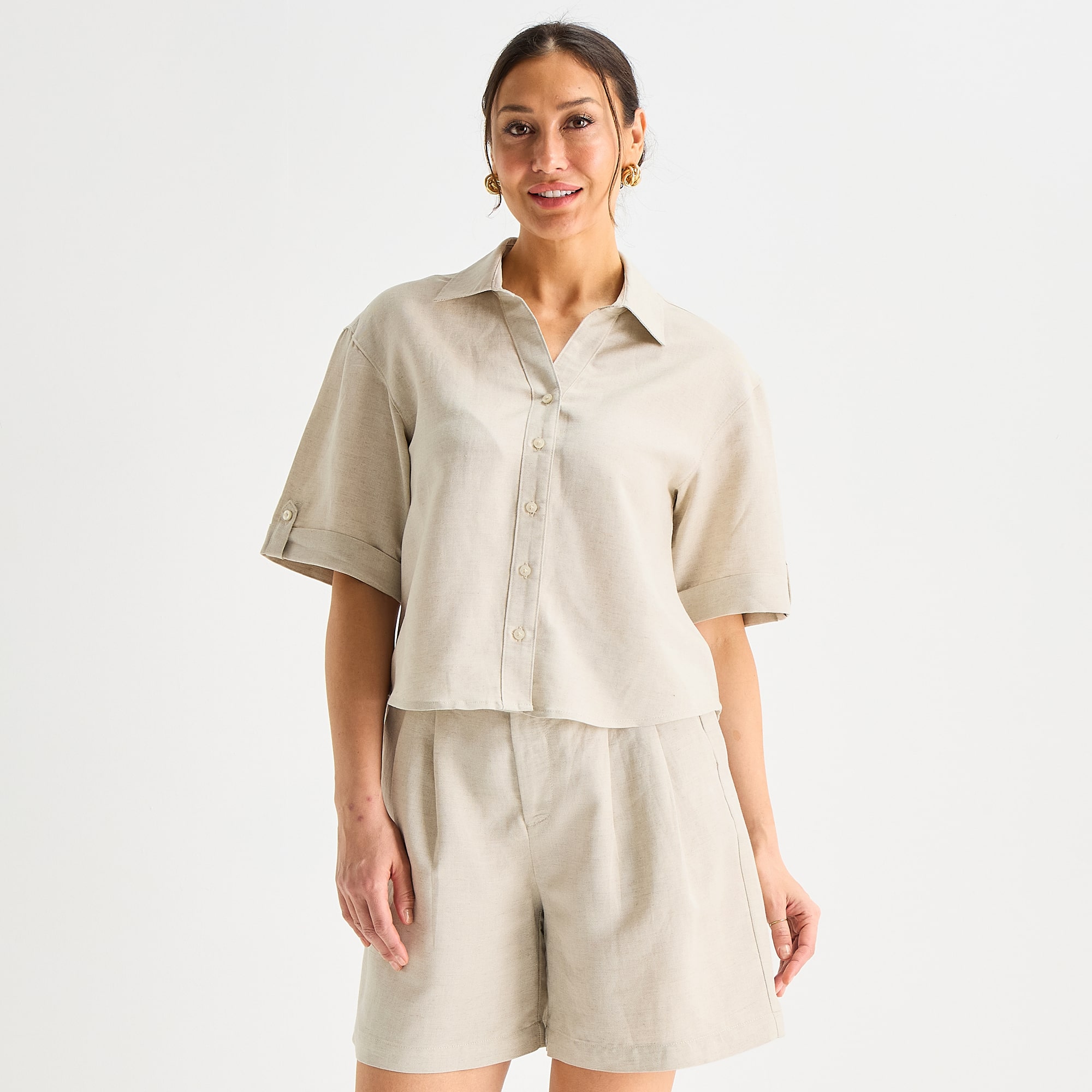 Liz Claiborne Linen Womens Short Sleeve Blouse