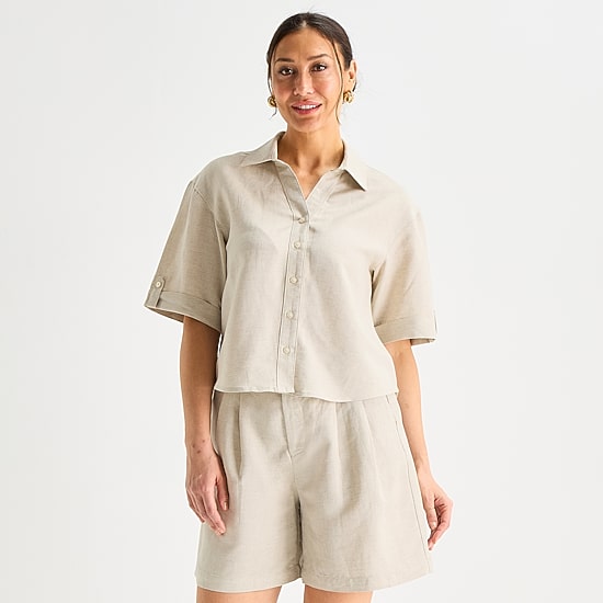 Liz Claiborne Linen Womens Short Sleeve Blouse