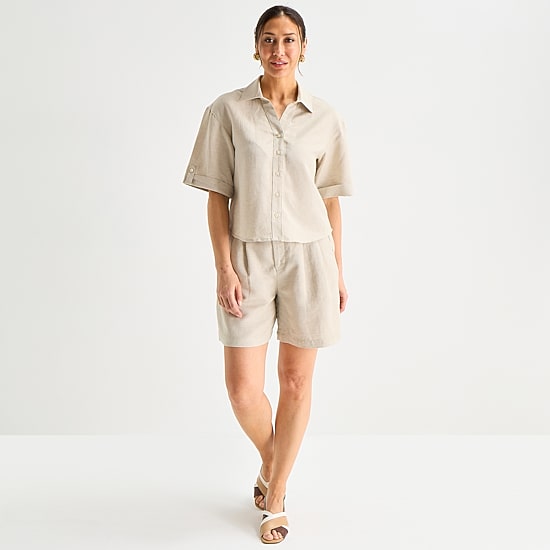 Liz Claiborne Linen Womens Short Sleeve Blouse