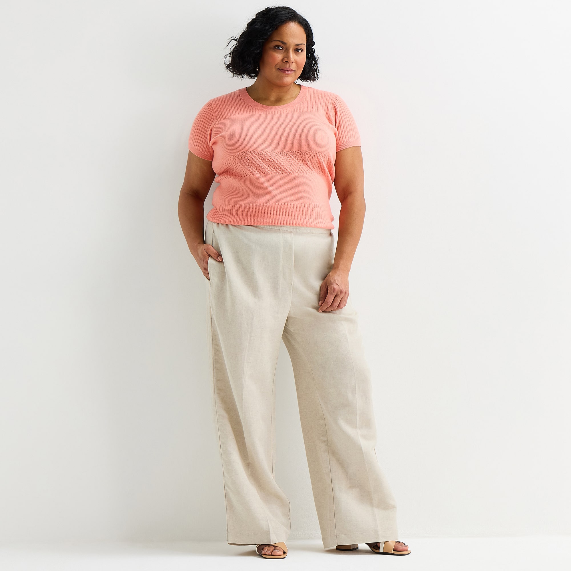 Liz Claiborne Linen Womens Plus Wide Leg Mid Rise Pull-On Pant