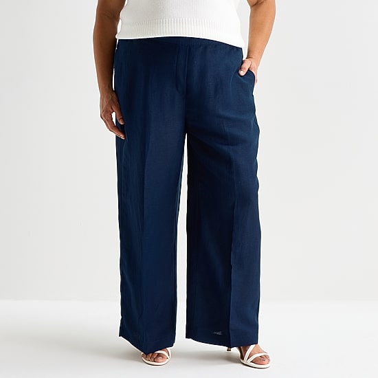 Liz Claiborne Linen Womens Plus Wide Leg Mid Rise Pull-On Pant