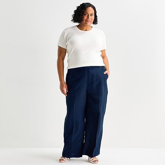 Liz Claiborne Linen Womens Plus Wide Leg Mid Rise Pull-On Pant
