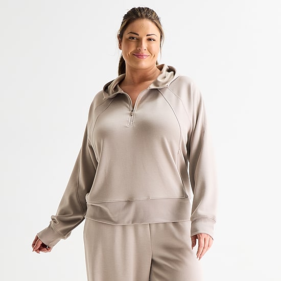 Xersion Womens Plus Scuba Luxe Hooded Half Zip Pullover
