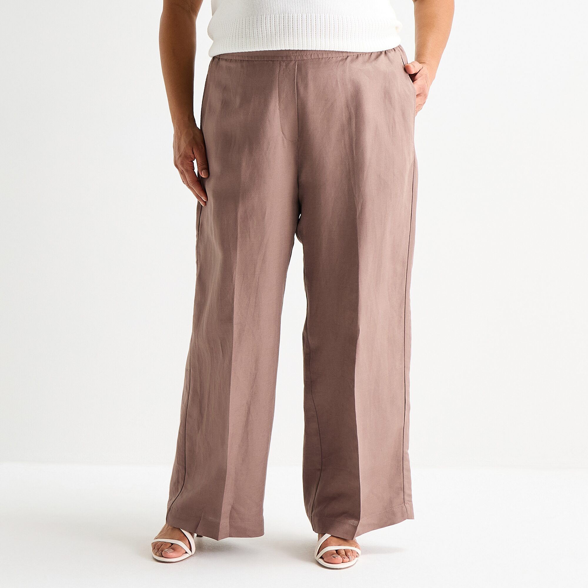 Liz Claiborne Linen Womens Plus Wide Leg Mid Rise Pull-On Pant