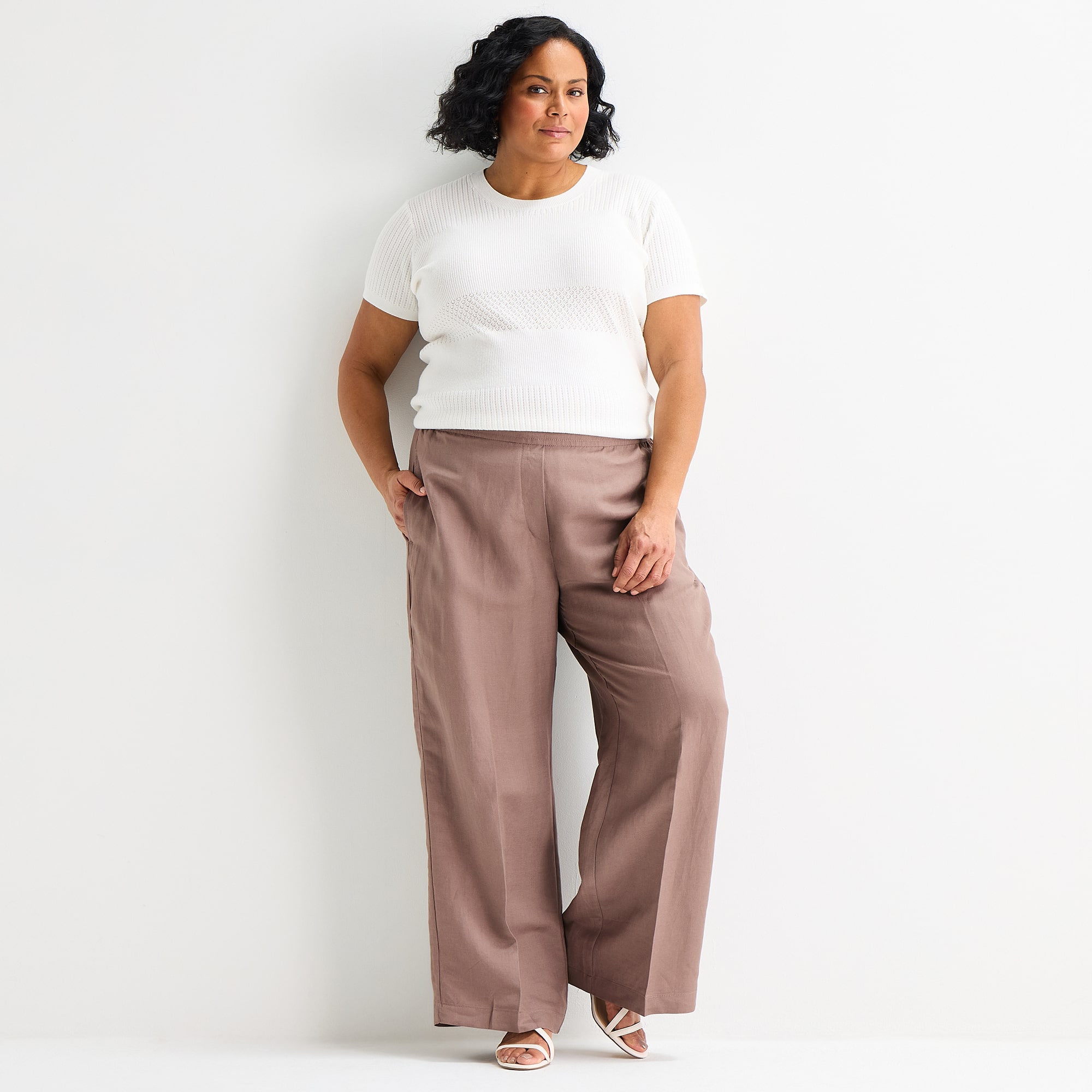 Liz Claiborne Linen Womens Plus Wide Leg Mid Rise Pull-On Pant