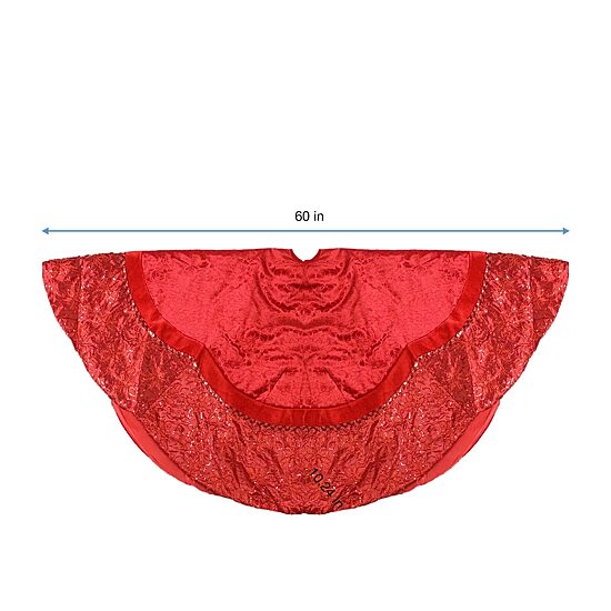 60'' Red Velvet Damask Sequin Embroidered Poinsettia Trimmed Scalloped Edge Christmas Tree Skirt