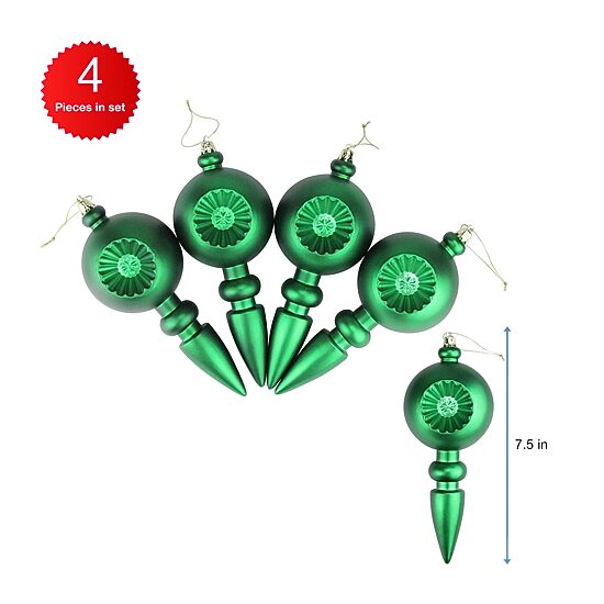 4ct Green Retro Reflector Shatterproof Matte Christmas Finial Ornaments 7.5"