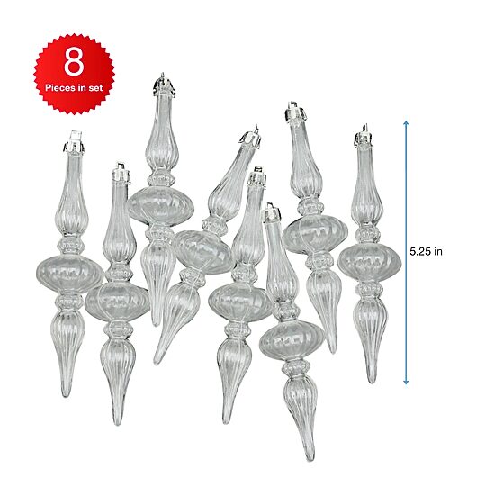 8ct Transparent Shatterproof Christmas Finial Ornaments 5"