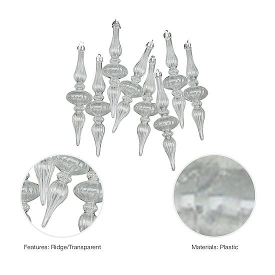 8ct Transparent Shatterproof Christmas Finial Ornaments 5"
