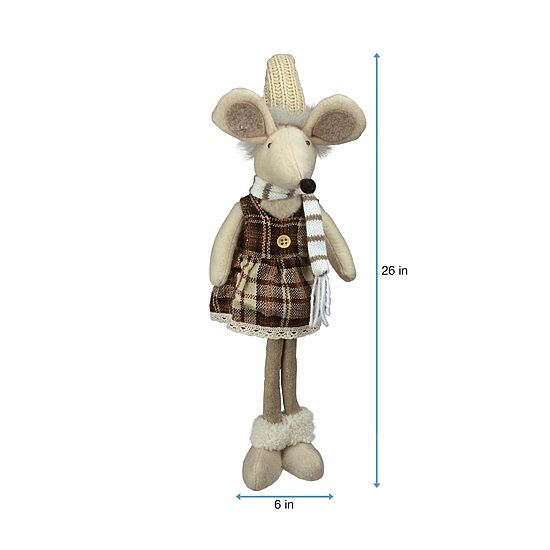 21'' Beige and Brown Standing Girl Mouse in Plaid Dress Christmas Tabletop Figure