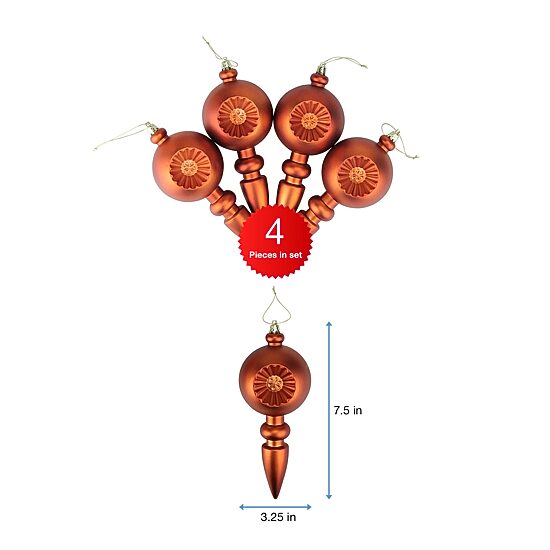 4ct Orange Retro Reflector Shatterproof Matte Christmas Finial Ornaments 7.5"