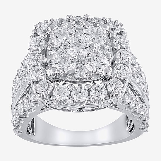 (G/Si2) Womens 4 CT. T.W. Lab Grown White Diamond 10K Gold Cushion Halo Side Stone Cocktail Ring