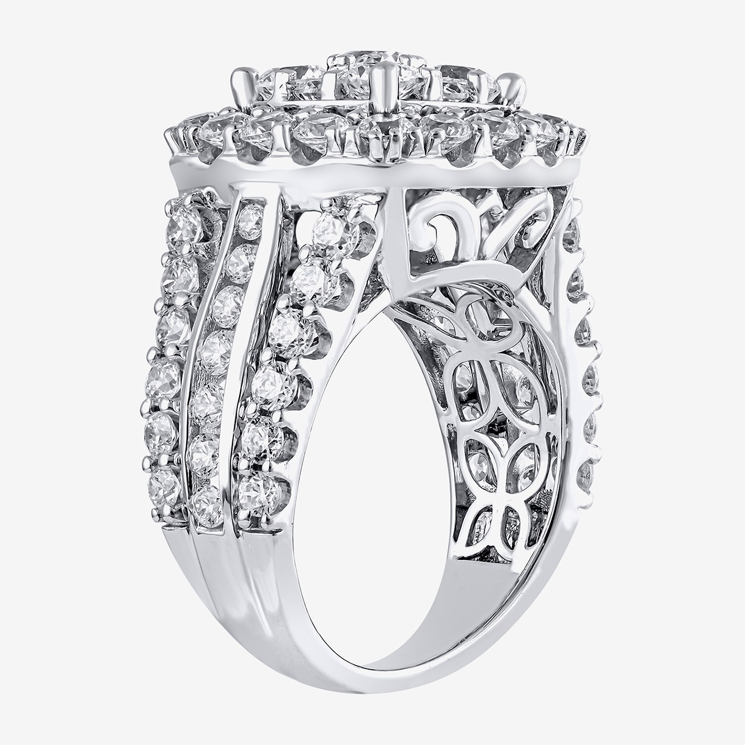 (G/Si2) Womens 4 CT. T.W. Lab Grown White Diamond 10K Gold Cushion Halo Side Stone Cocktail Ring