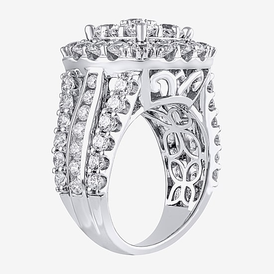(G/Si2) Womens 4 CT. T.W. Lab Grown White Diamond 10K Gold Cushion Halo Side Stone Cocktail Ring
