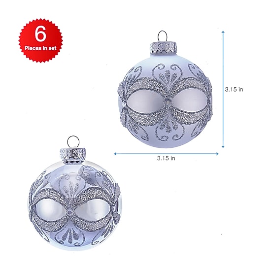 Kurt Adler 80MM Silver with Glitter and Sequins Glass Ball Ornaments 6 Piece Box