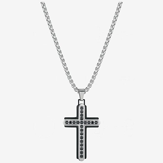 J.P. Army Men's Jewelry Cubic Zirconia Stainless Steel 24 Inch Cable Cross Pendant Necklace